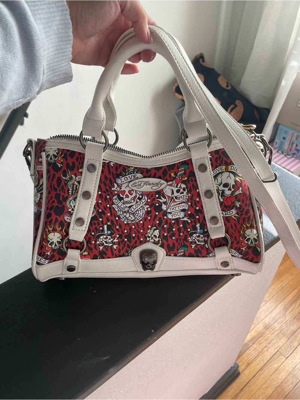 Ed Hardy White & Red Skull Print Embellished Bag